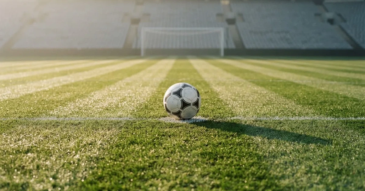 Een voetbal op de middenstip van een grasveld in het ochtendlicht