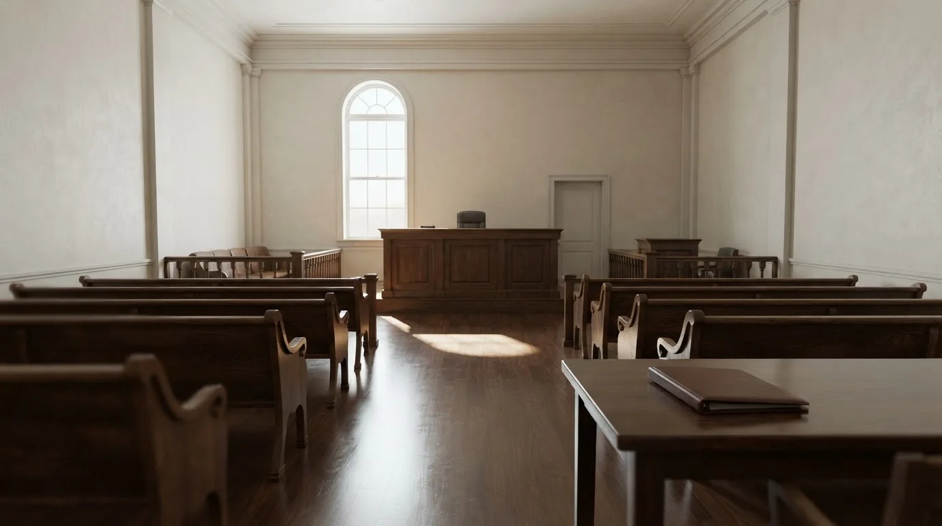 Een lege rechtszaal met houten banken in het ochtendlicht