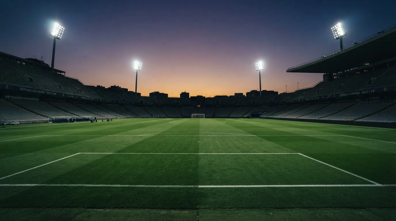 Een leeg voetbalstadion met lichtmasten bij schemering