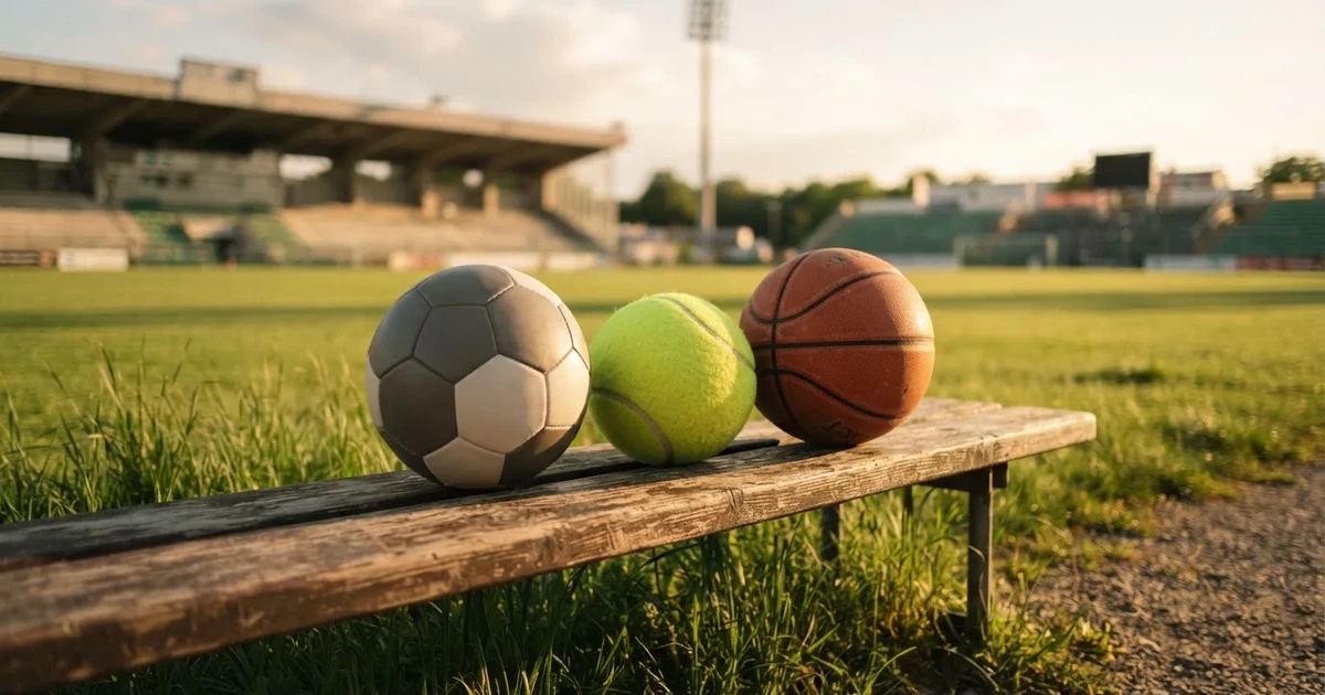 Drie ballen van verschillende soorten naast elkaar op een houten bank