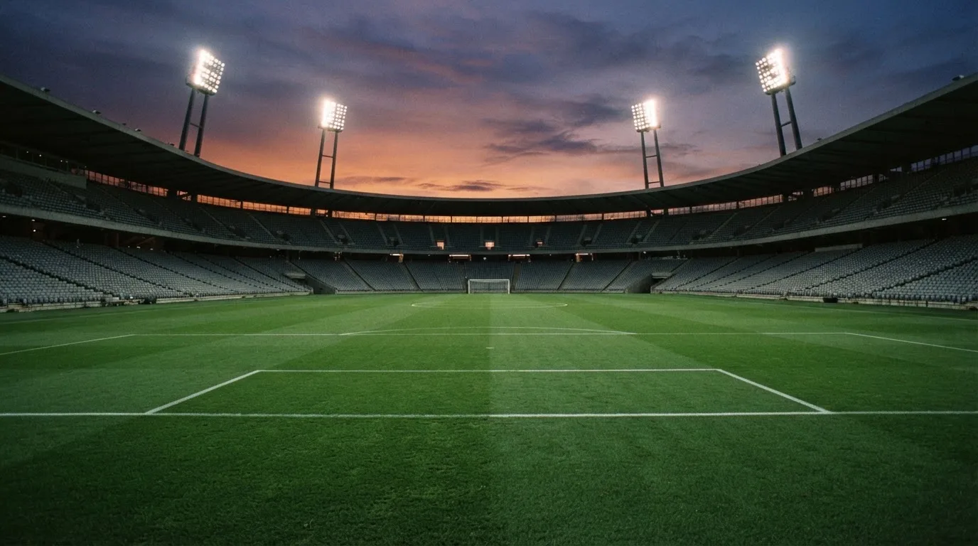 Een leeg voetbalstadion met lichtmasten bij schemering