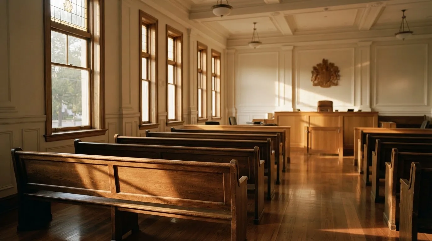 Een lege rechtszaal met houten banken in het ochtendlicht