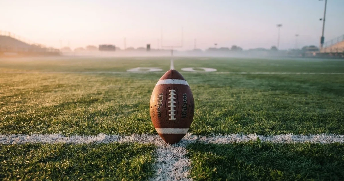 Een voetbal op de middenstip van een grasveld in het ochtendlicht