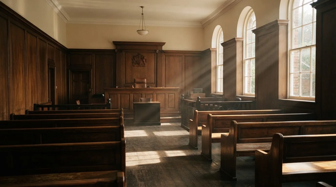 Een lege rechtszaal met houten banken in het ochtendlicht