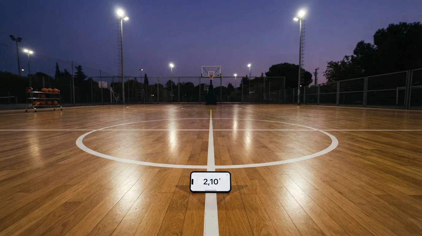 Een leeg voetbalstadion met lichtmasten bij schemering
