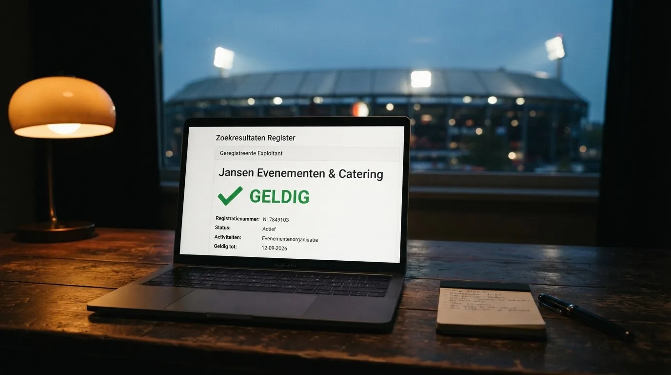 Een leeg voetbalstadion met lichtmasten bij schemering