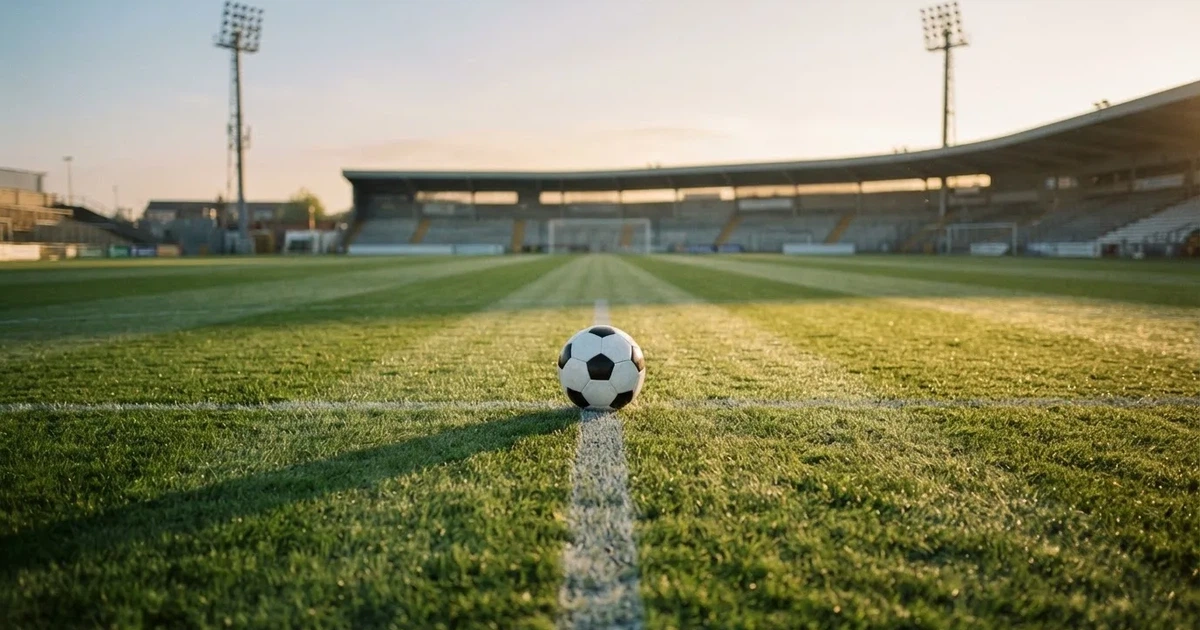 Een voetbal op de middenstip van een grasveld in het ochtendlicht