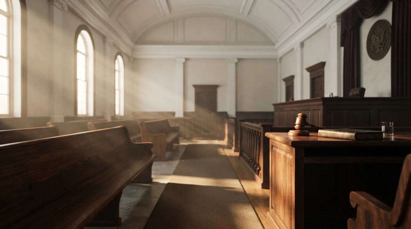 Een lege rechtszaal met houten banken in het ochtendlicht