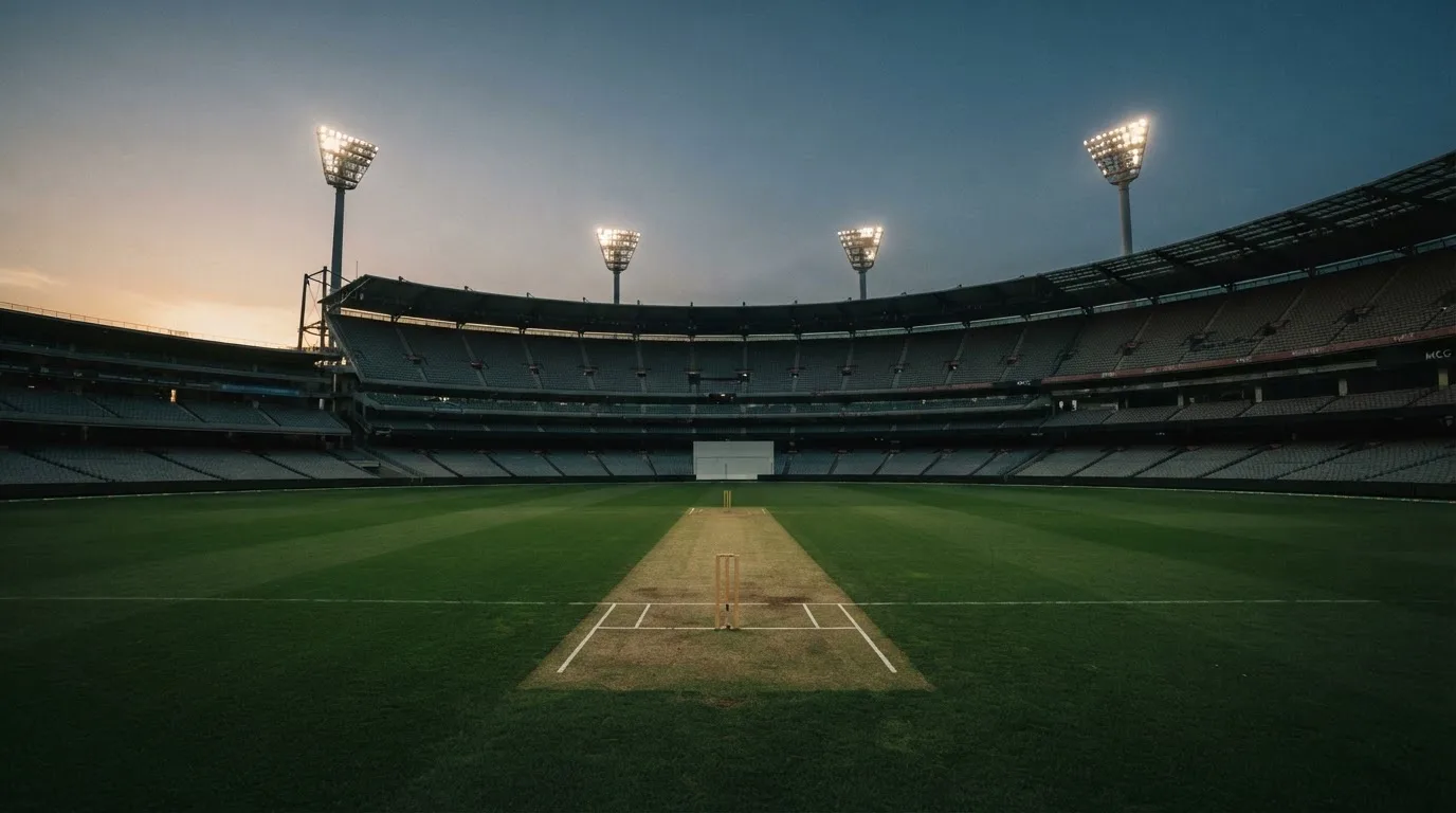 Een leeg voetbalstadion met lichtmasten bij schemering