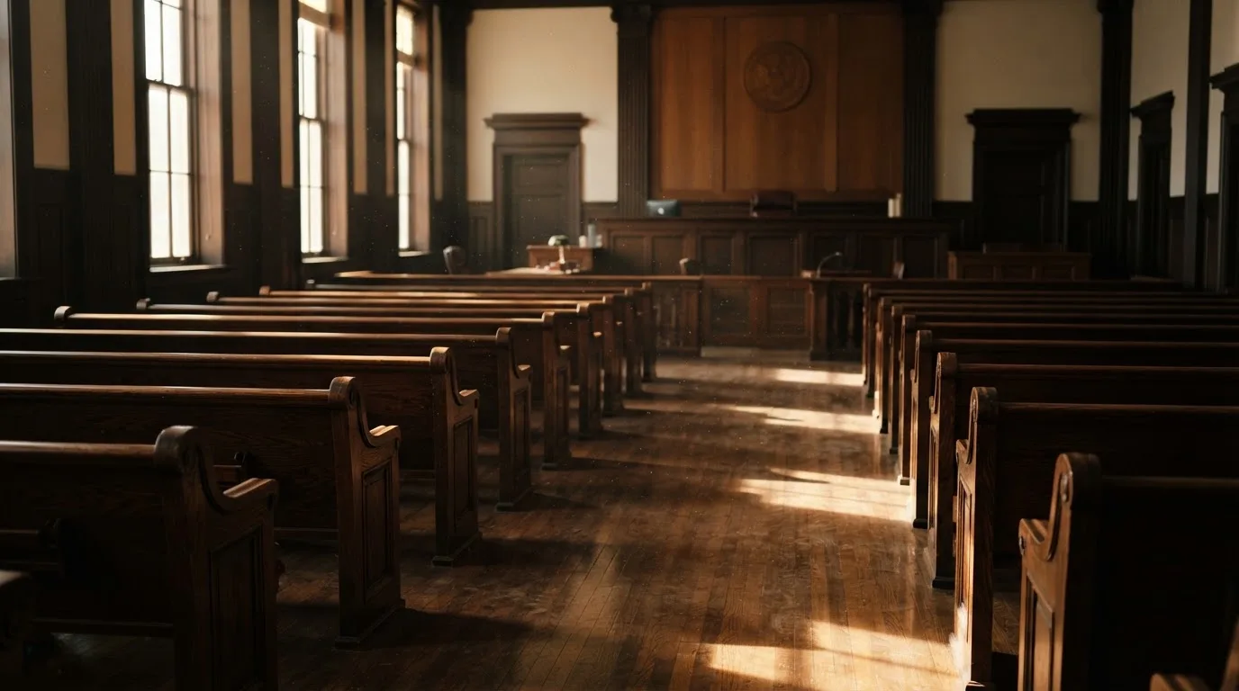 Een lege rechtszaal met houten banken in het ochtendlicht
