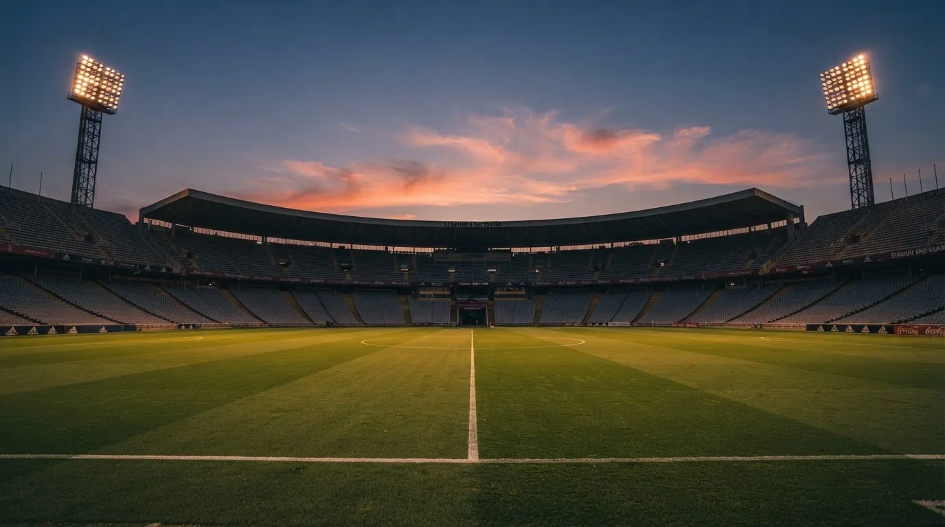 Een leeg voetbalstadion met lichtmasten bij schemering