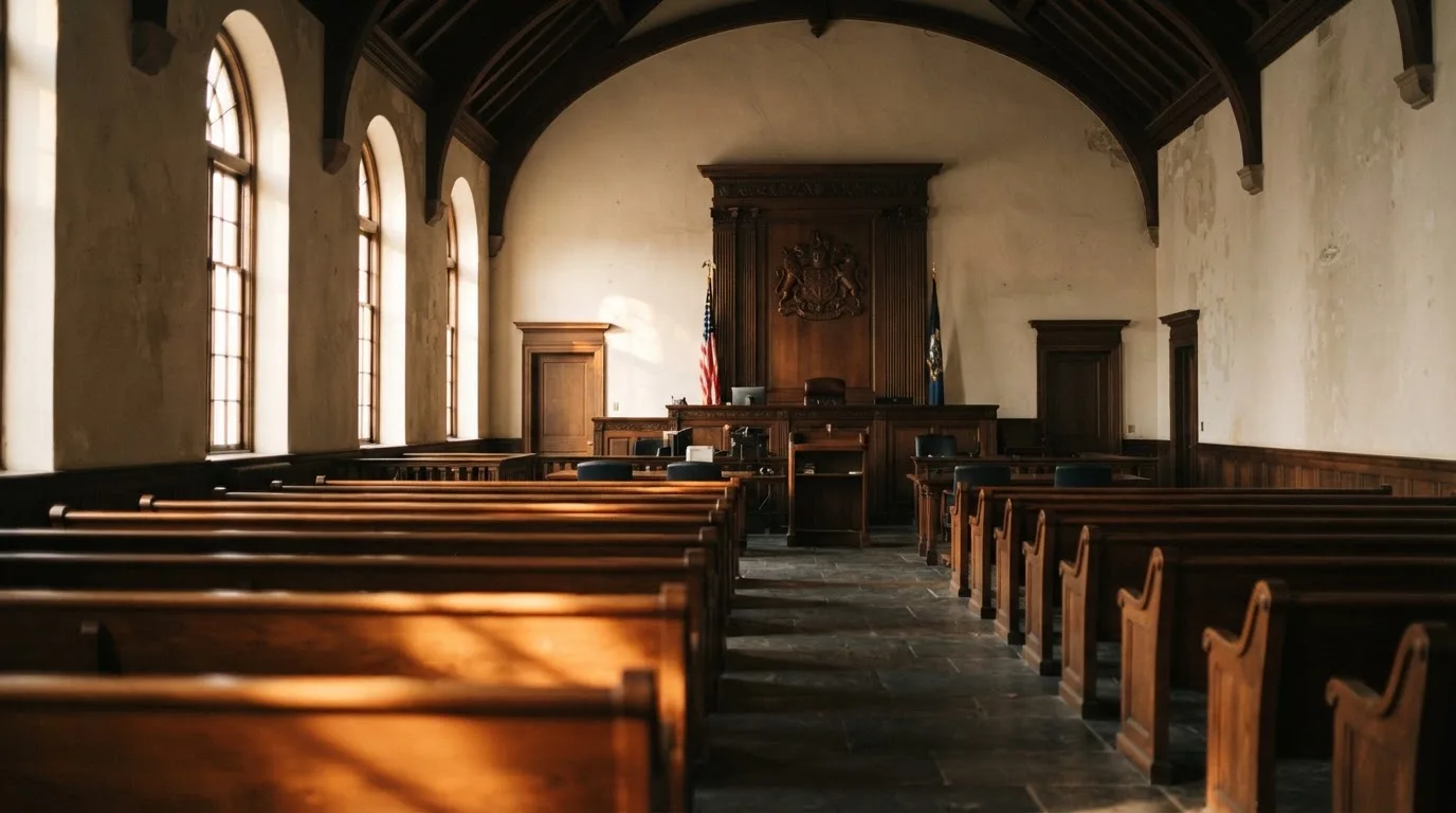 Een lege rechtszaal met houten banken in het ochtendlicht