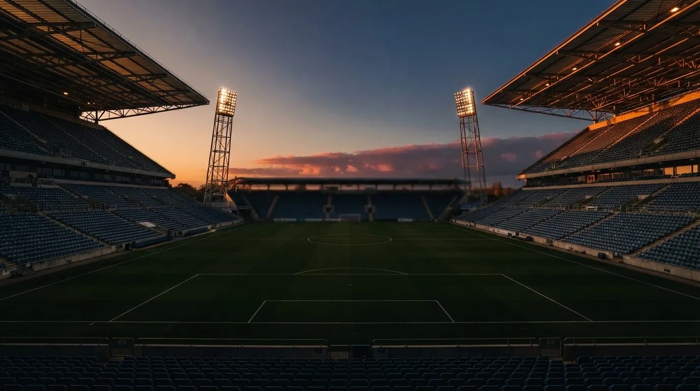 Een leeg voetbalstadion met lichtmasten bij schemering