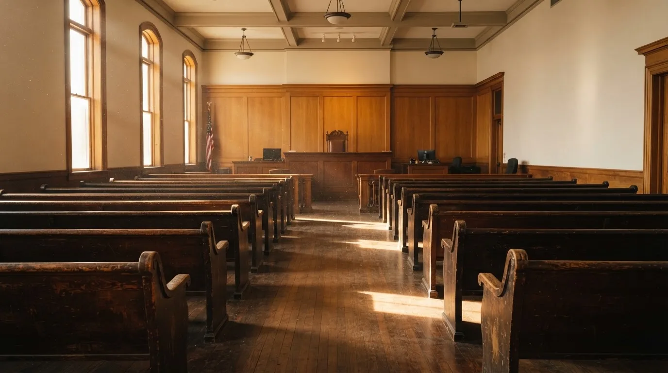 Een lege rechtszaal met houten banken in het ochtendlicht