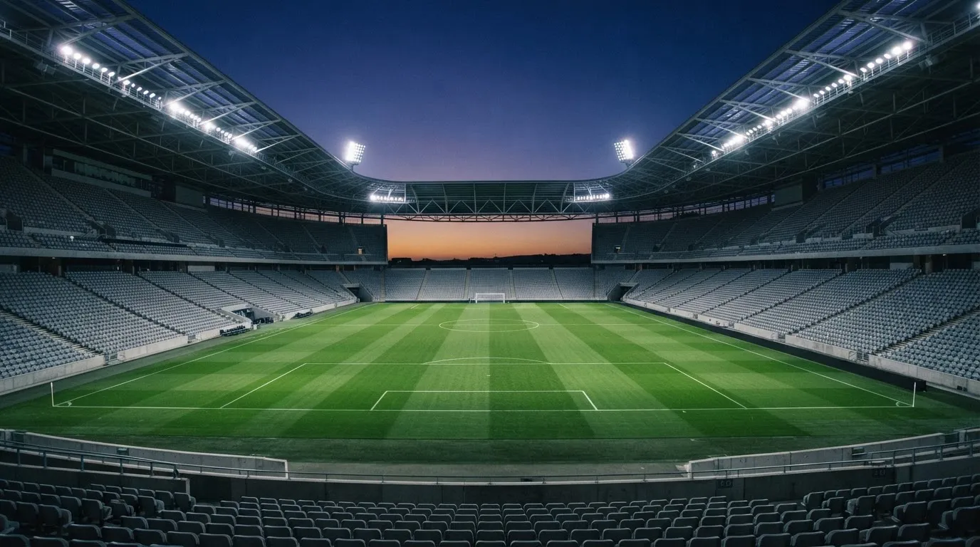 Een leeg voetbalstadion met lichtmasten bij schemering