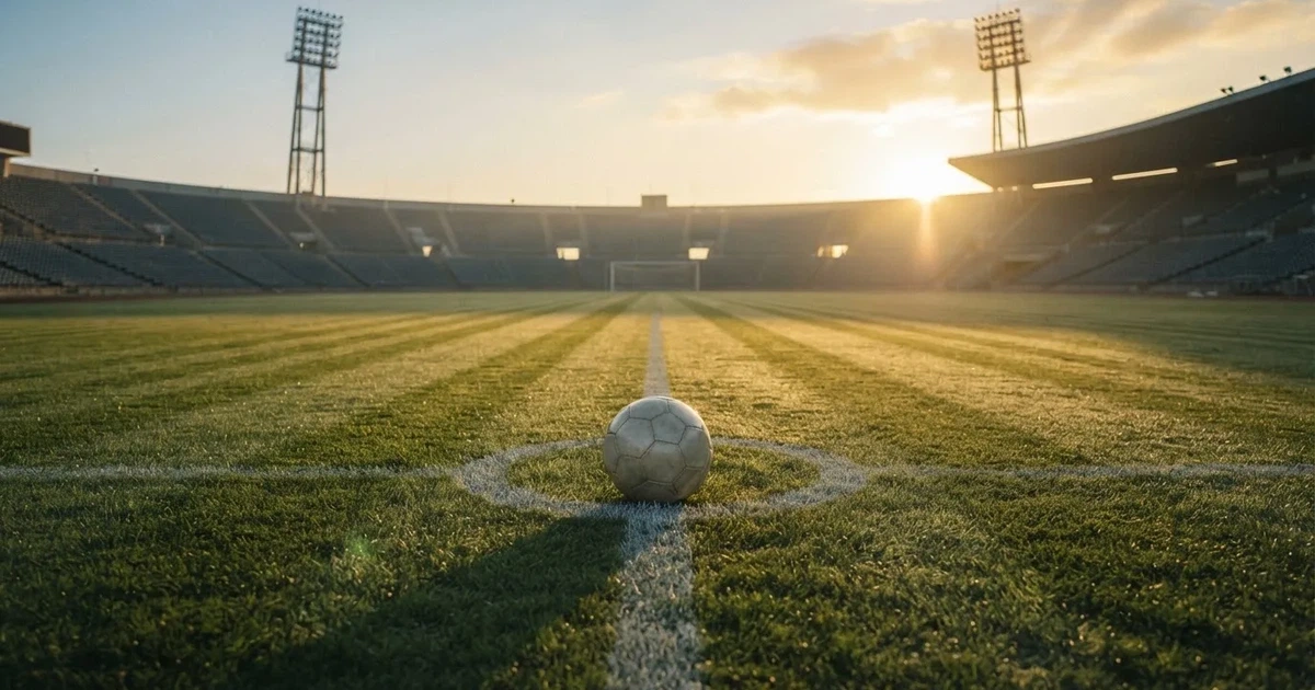 Een voetbal op de middenstip van een grasveld in het ochtendlicht
