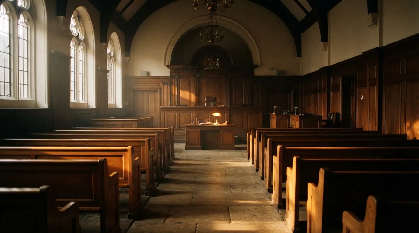 Een lege rechtszaal met houten banken in het ochtendlicht