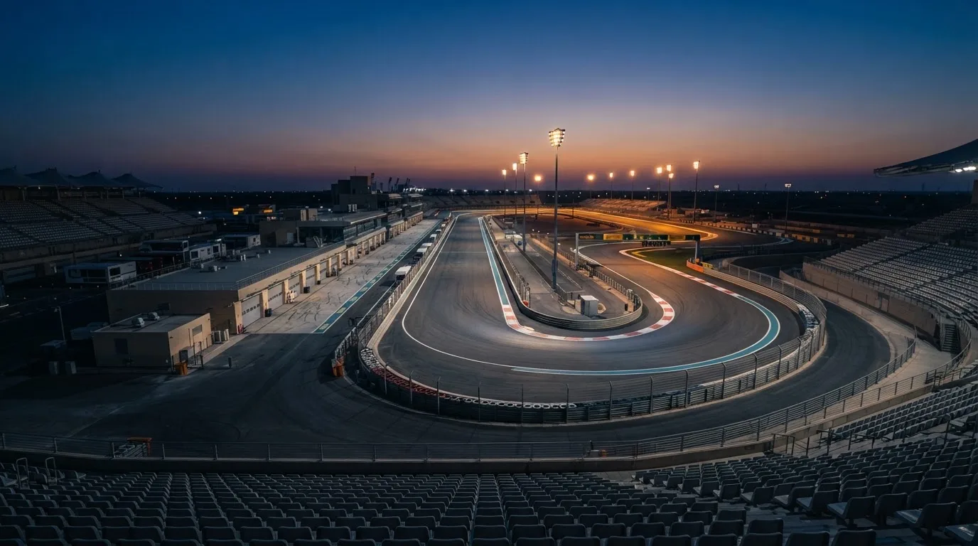 Een leeg voetbalstadion met lichtmasten bij schemering