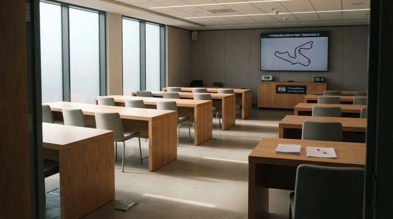 Een lege rechtszaal met houten banken in het ochtendlicht