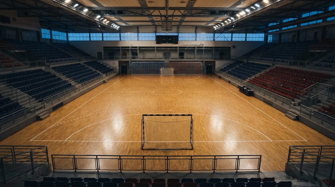 Een leeg voetbalstadion met lichtmasten bij schemering