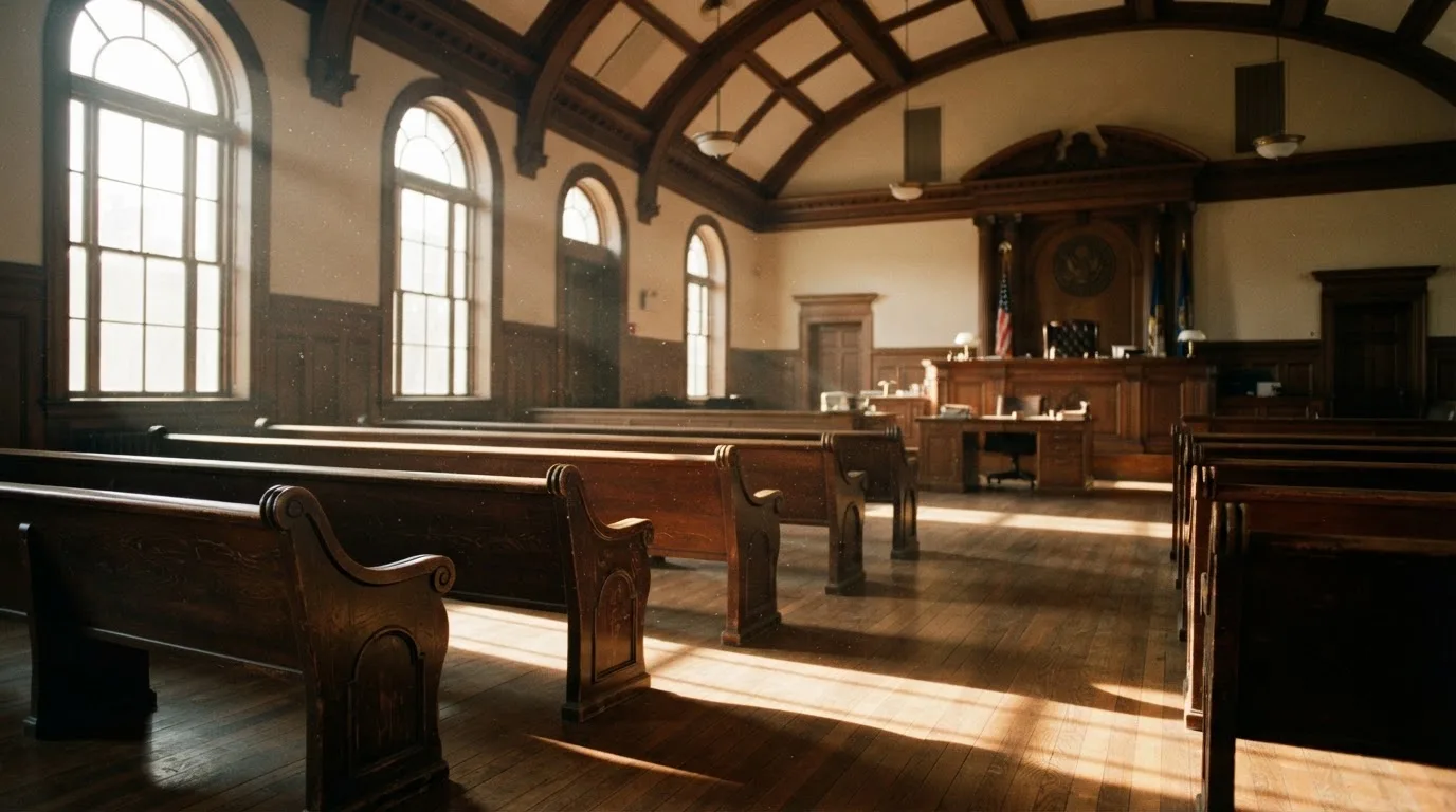 Een lege rechtszaal met houten banken in het ochtendlicht