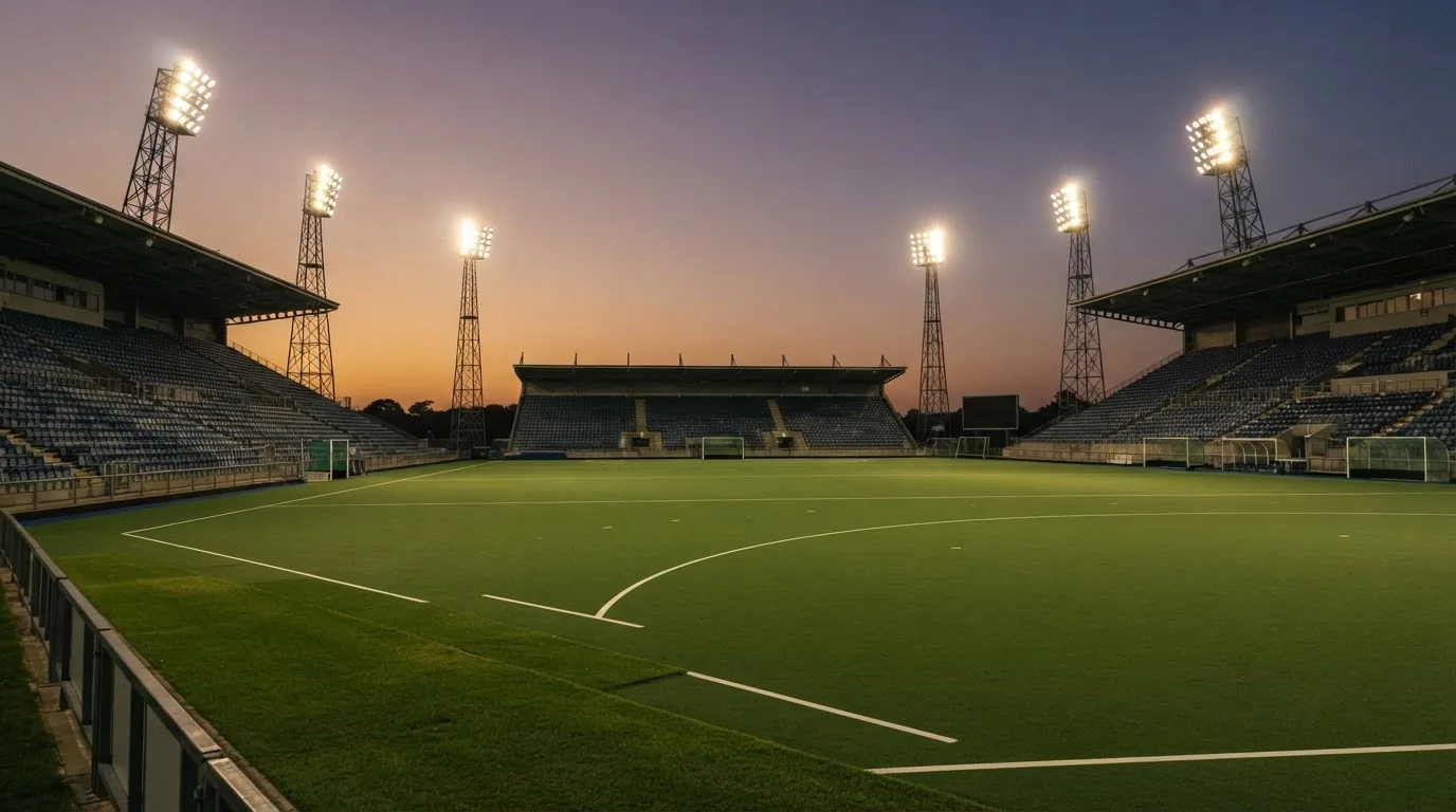 Een leeg voetbalstadion met lichtmasten bij schemering