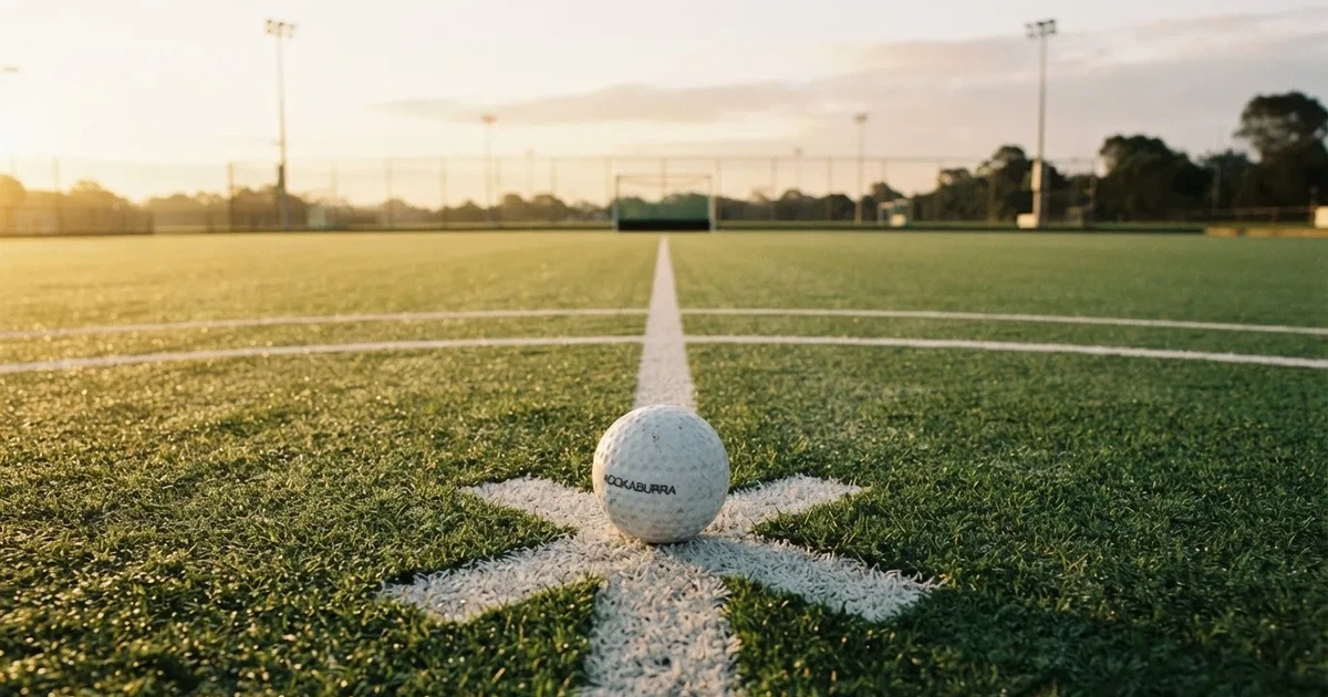 Een voetbal op de middenstip van een grasveld in het ochtendlicht