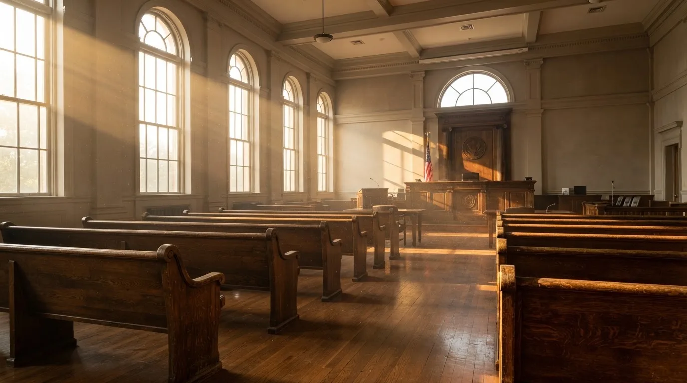 Een lege rechtszaal met houten banken in het ochtendlicht