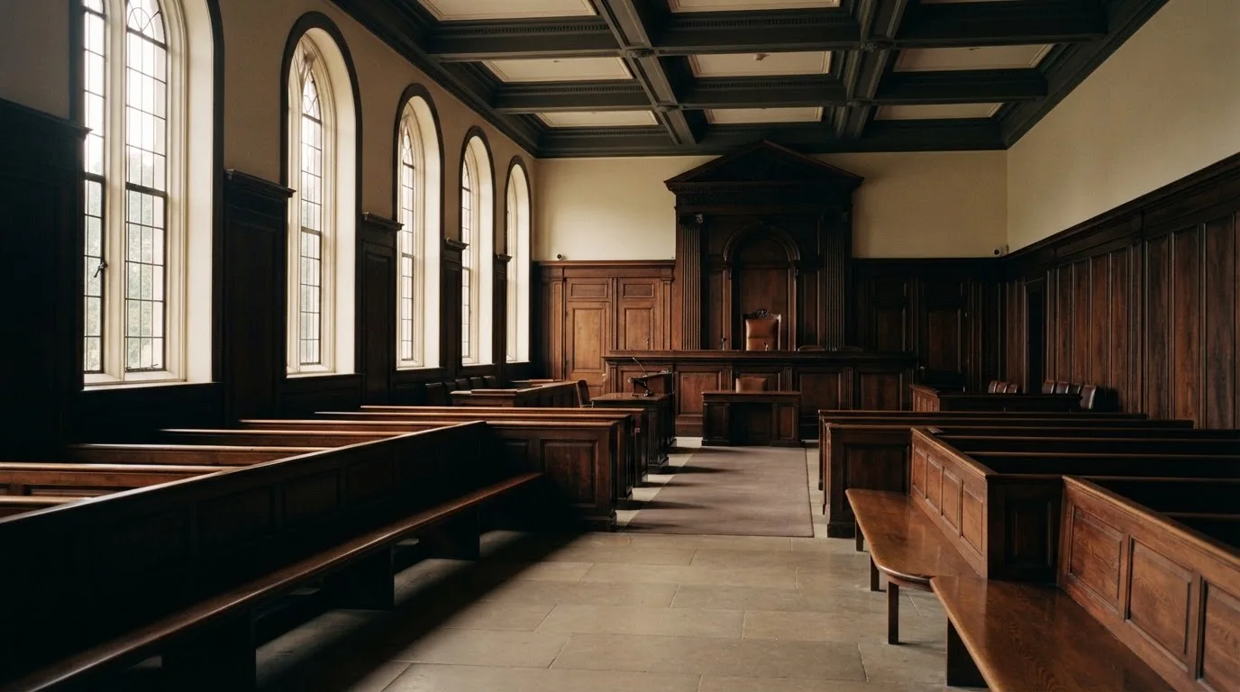 Een lege rechtszaal met houten banken in het ochtendlicht