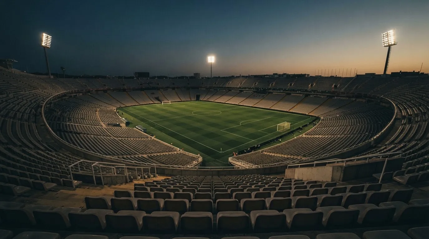 Een leeg voetbalstadion met lichtmasten bij schemering