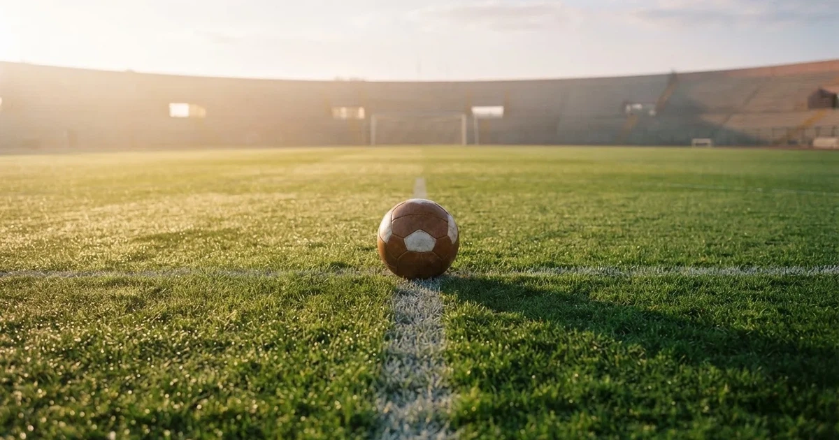 Een voetbal op de middenstip van een grasveld in het ochtendlicht