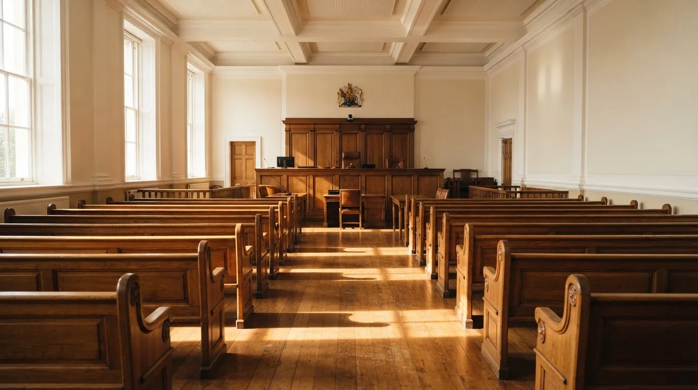 Een lege rechtszaal met houten banken in het ochtendlicht