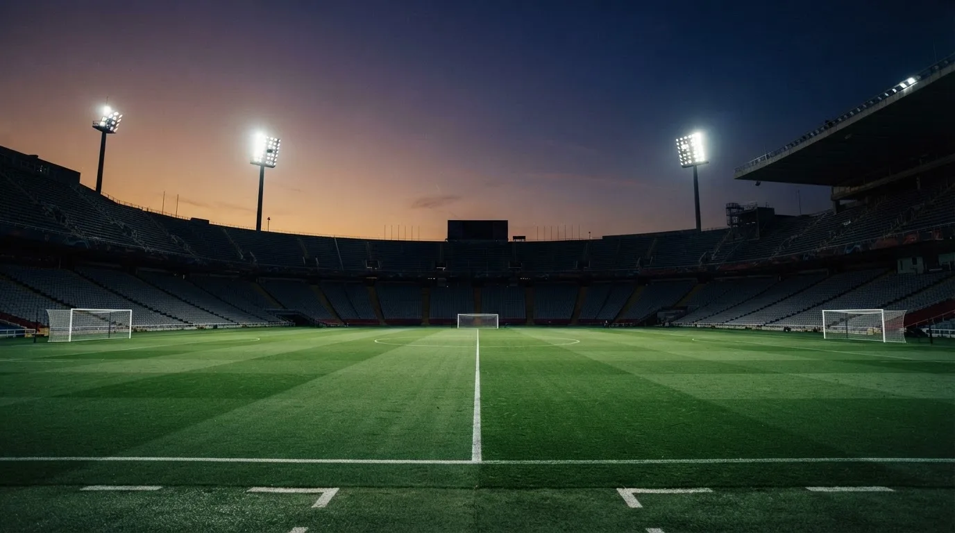 Een leeg voetbalstadion met lichtmasten bij schemering