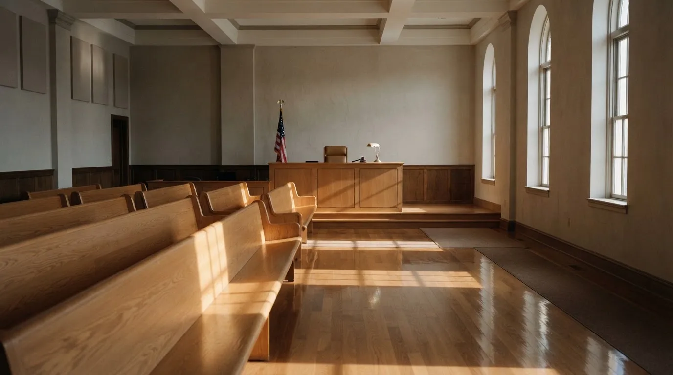 Een lege rechtszaal met houten banken in het ochtendlicht