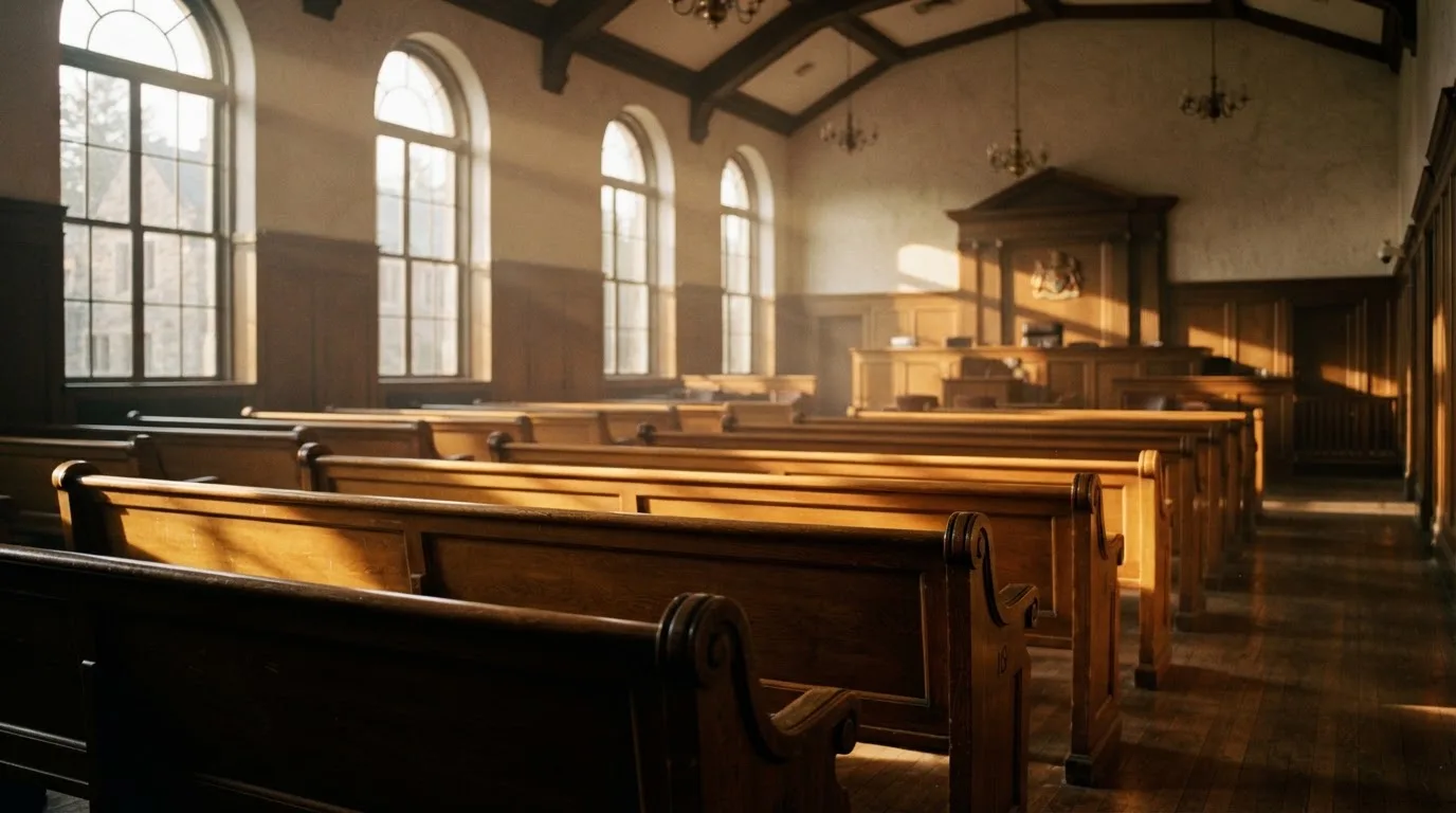 Een lege rechtszaal met houten banken in het ochtendlicht