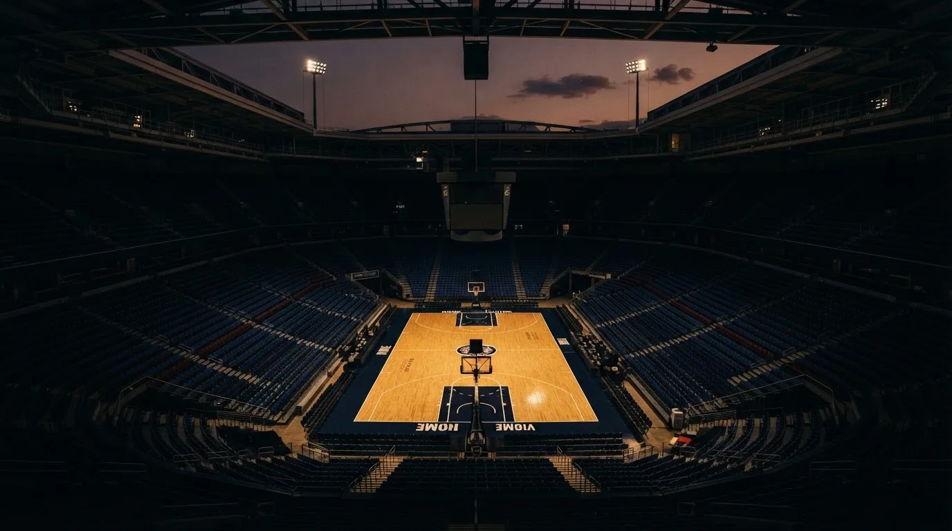 Een leeg voetbalstadion met lichtmasten bij schemering