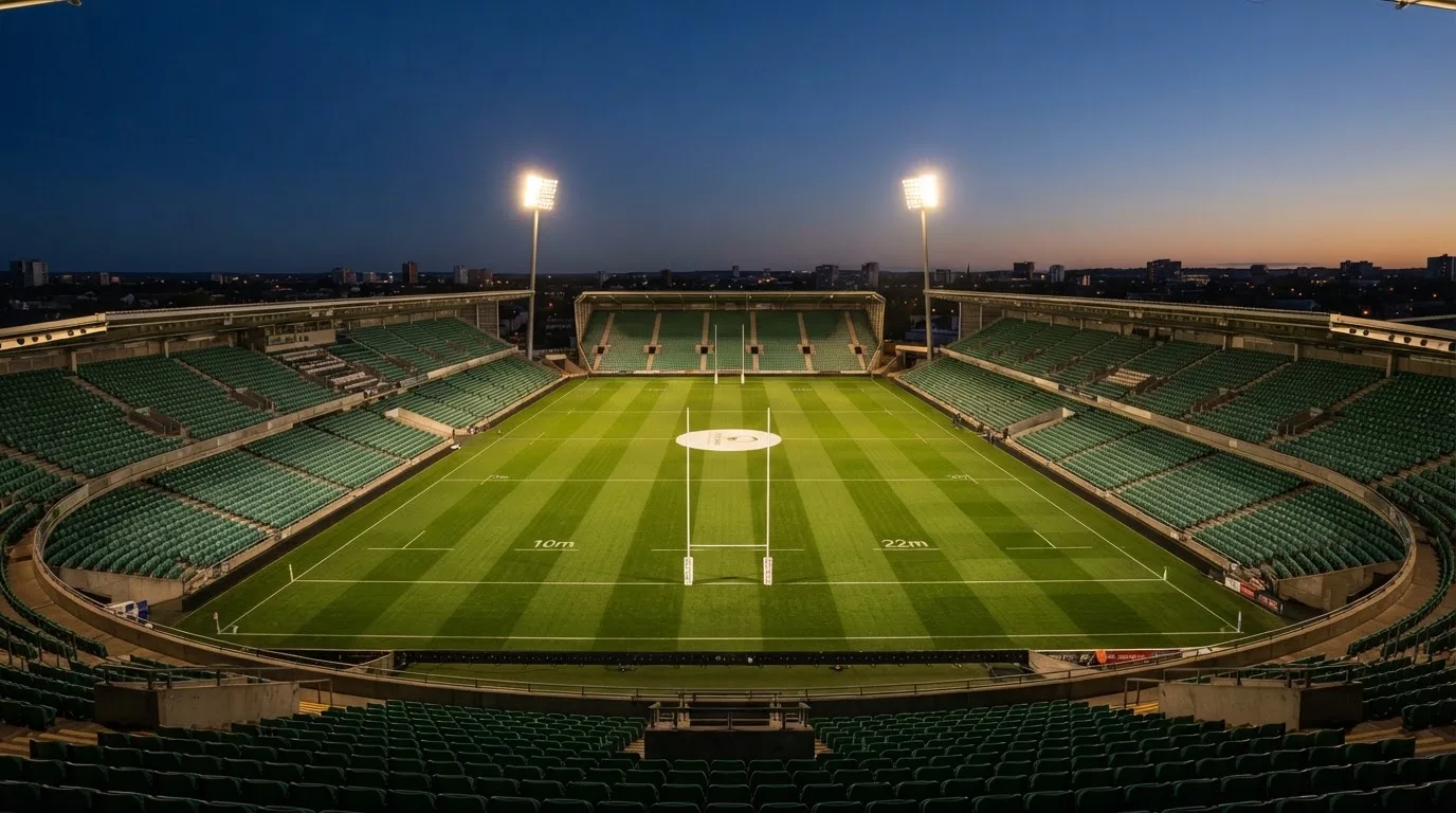 Een leeg voetbalstadion met lichtmasten bij schemering