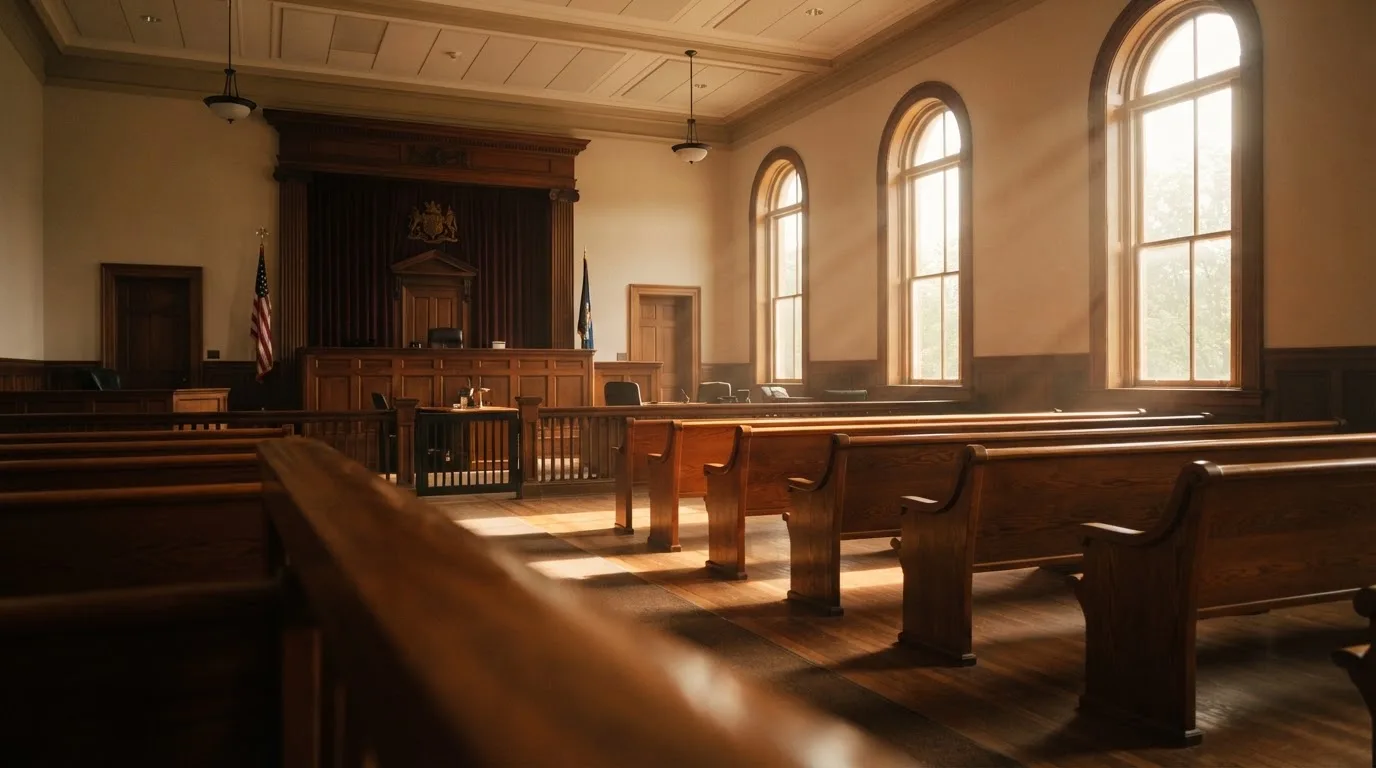 Een lege rechtszaal met houten banken in het ochtendlicht