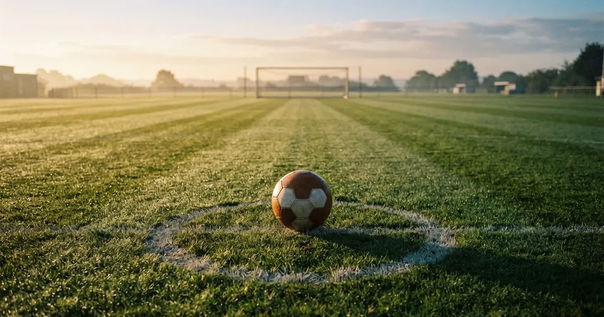 Een voetbal op de middenstip van een grasveld in het ochtendlicht