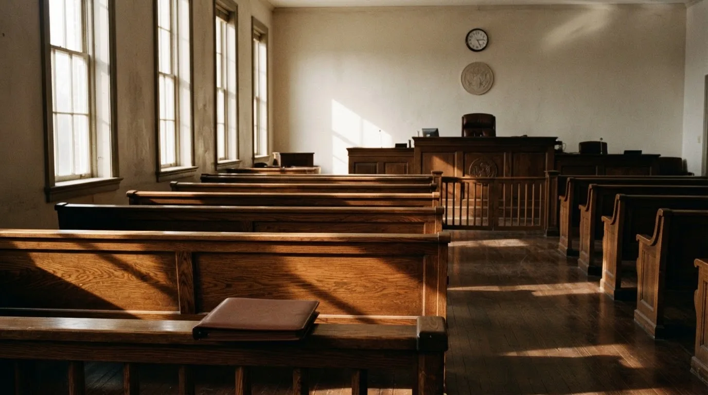 Een lege rechtszaal met houten banken in het ochtendlicht