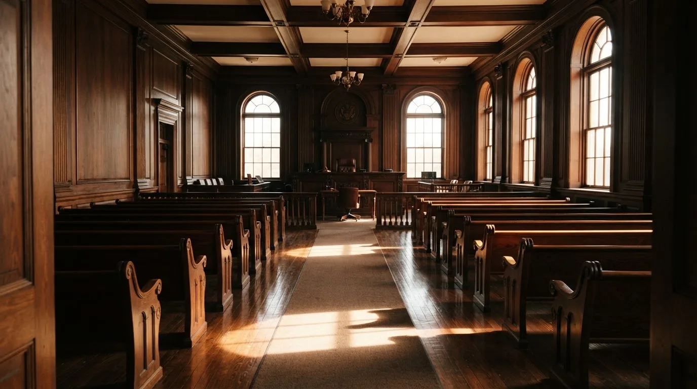 Een lege rechtszaal met houten banken in het ochtendlicht