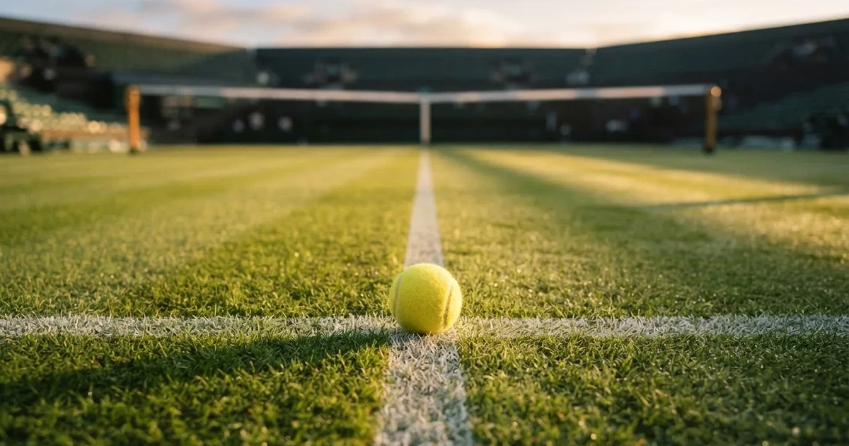 Een voetbal op de middenstip van een grasveld in het ochtendlicht