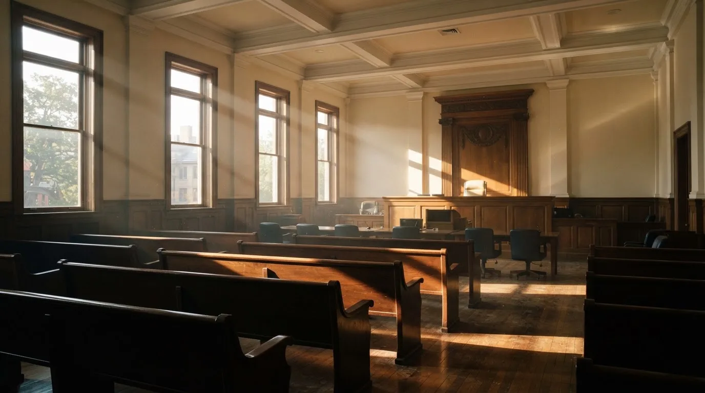 Een lege rechtszaal met houten banken in het ochtendlicht