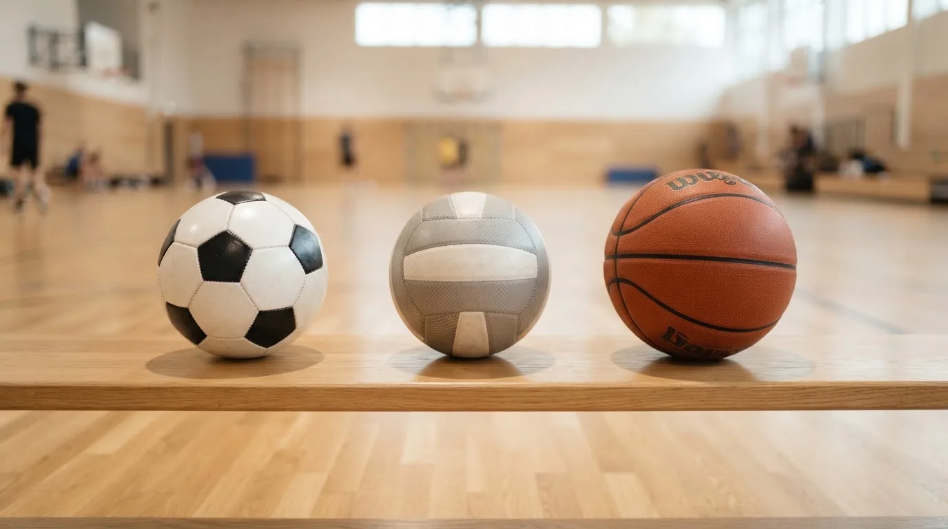 Drie ballen van verschillende soorten naast elkaar op een houten bank