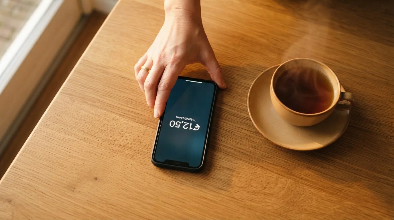 Een hand legt een smartphone naast een kopje thee op een keukentafel, een rustige avond