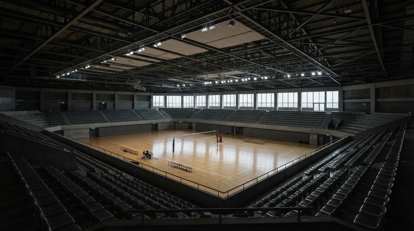 Een lege rechtszaal met houten banken in het ochtendlicht