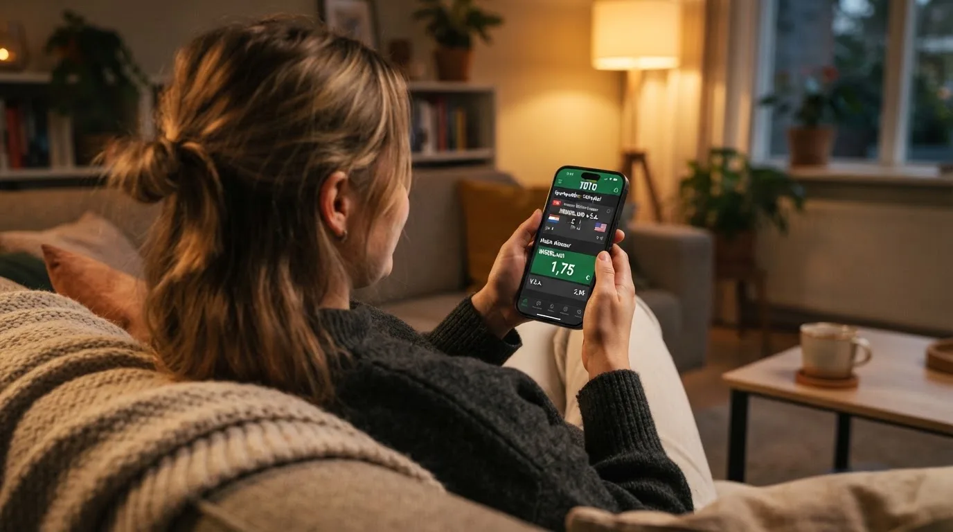 Een hand legt een smartphone naast een kopje thee op een keukentafel, een rustige avond