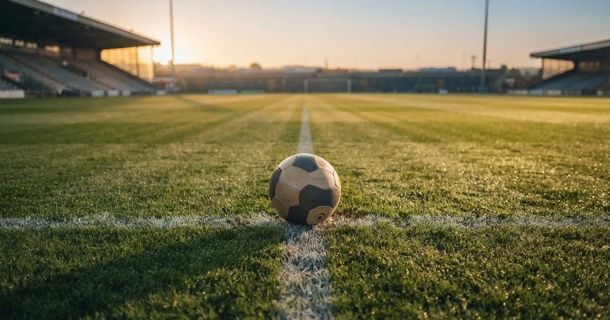 Een voetbal op de middenstip van een grasveld in het ochtendlicht