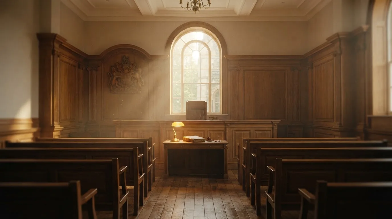 Een lege rechtszaal met houten banken in het ochtendlicht