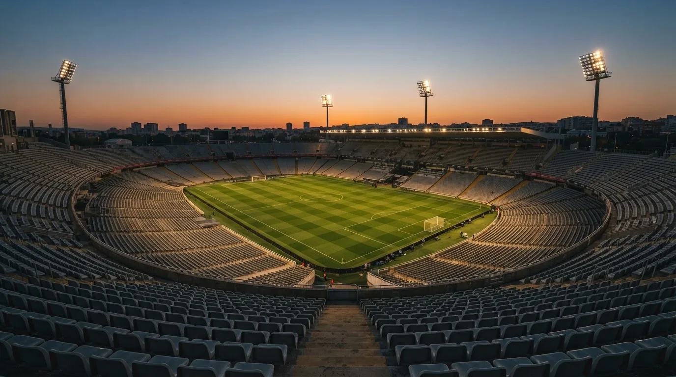 Een leeg voetbalstadion met lichtmasten bij schemering